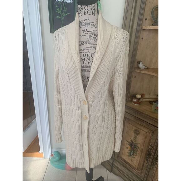 Lands End Ivory Thick Wool Fisherman Cardigan Sweater Shawl Collar - Picture 8 of 8